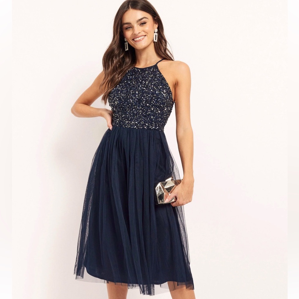 Maya Deluxe, Women’s, Ladies, Midi, Sequin, Tulle, Halter, Dress.